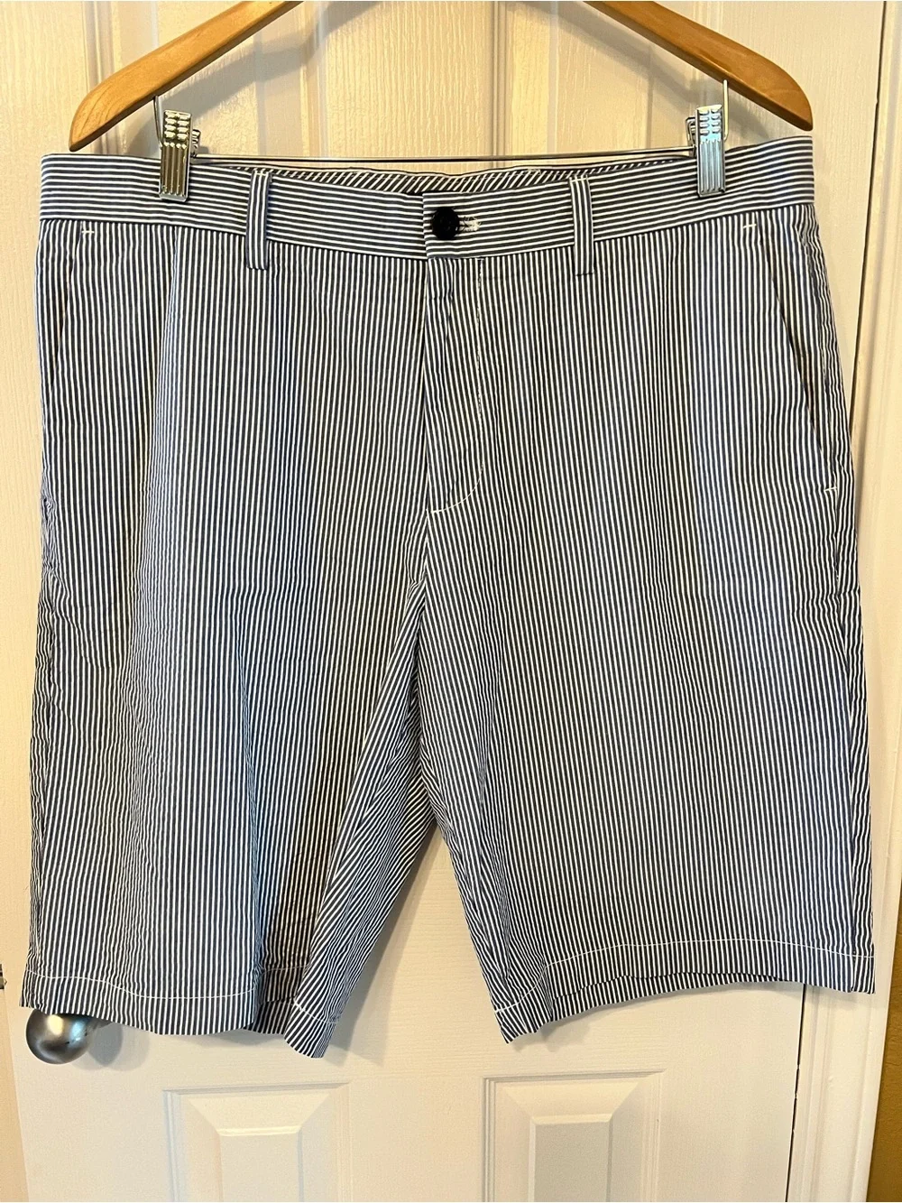 Banana Republic Blue and White Seersucker Flat-Front Emerson Shorts, Size 35